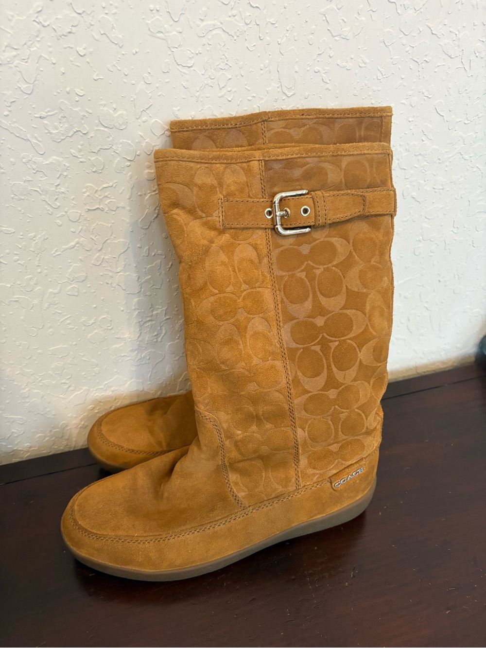 Coach Suede Mid-Calf Heeled Boots in Saddle Brown